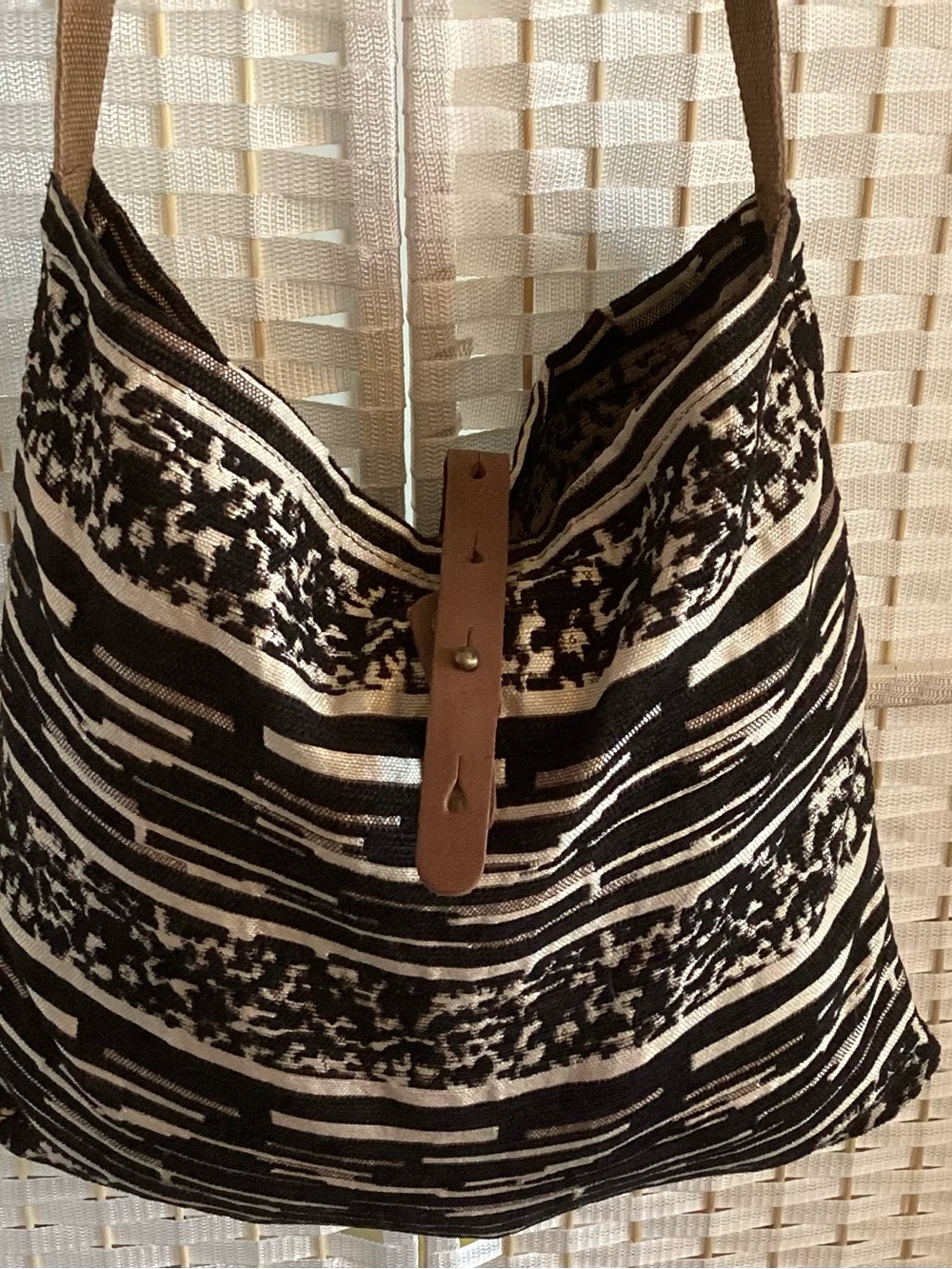 Lovestitch Black and Cream Woven Hobo Tote with Tan Strap Detail